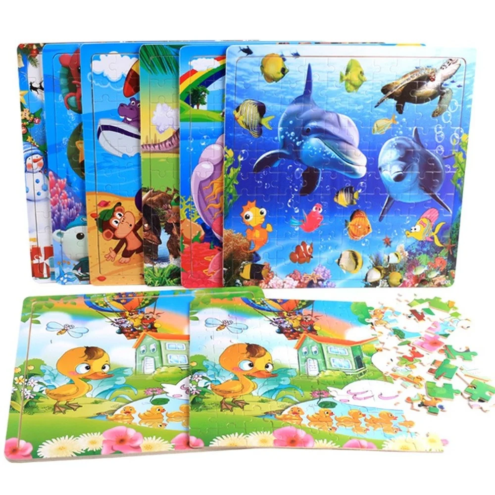 

100Pcs Kids Wooden Puzzle Cartoon Animal Dinosaur Traffic Tangram Puzzle Toys Early Educational Jigsaw Toys for Children Gifts