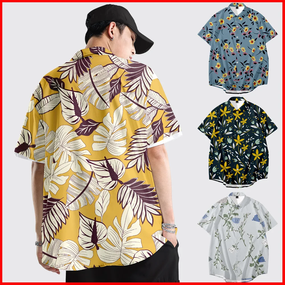 Summer Print Floral Men T-Shirt Short Sleeve Turn-Down Collar Shirt Large Size Loungewear Casual Coat Underwear Beach Jacket