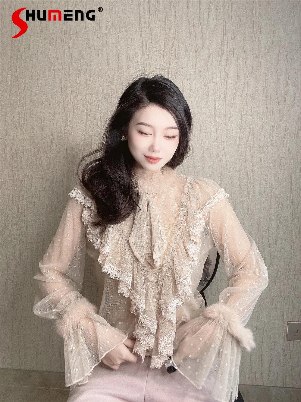 2022 Spring New Sexy Women's Hollow Mesh Lace Shirt Two-Piece Flying Lady Long Sleeve Ruffled Bow Shirts for Women Tops Mujer