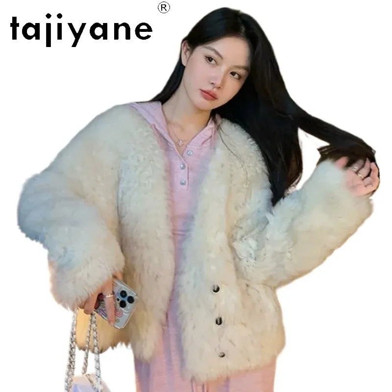 Фото Импортная шуба из тосканской овчины TAJIYANE, женская свободная куртка из натурального меха, зимнее пальто с V-образным вырезом, меховые топы и куртки, шуба №1