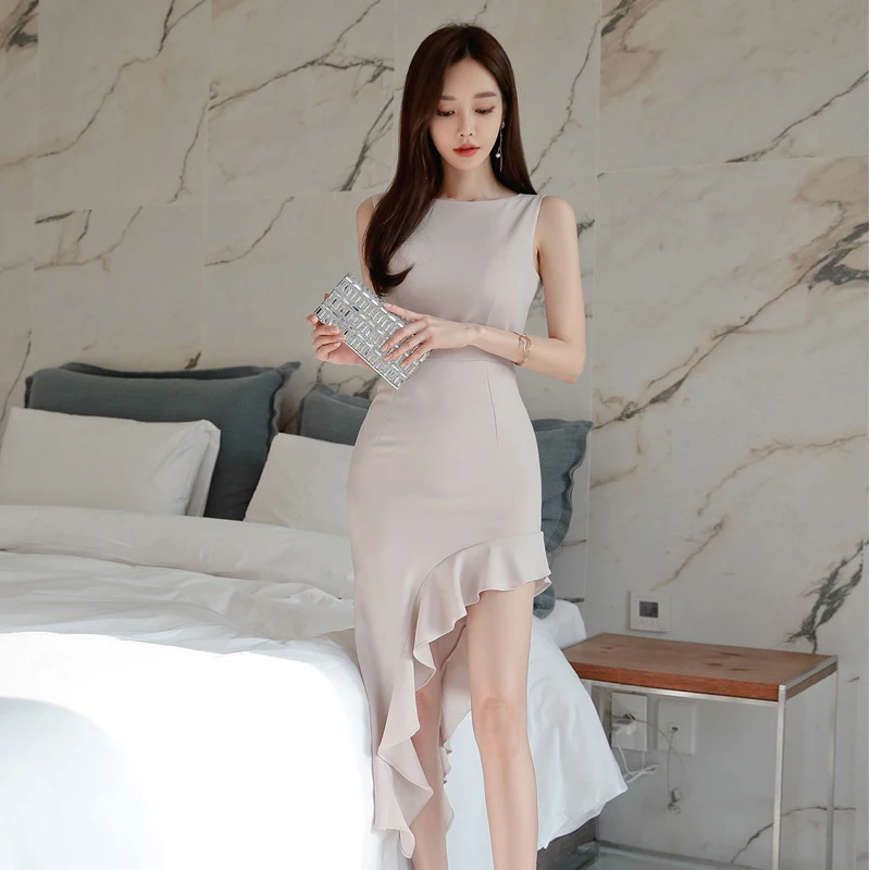 

Summer Korean Elegant Office Women Evening Dress Chic Ruffle O-Neck Sleeveless Bodycon Midi Club Lady Robe Femme Mujer Vestidos