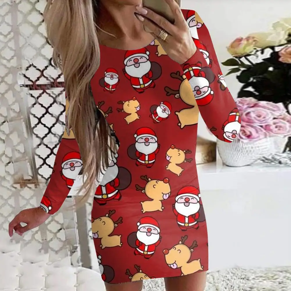 

Women Christmas Dress O-Neck Long Sleeve Waist Tight Hip Wrap Snowflakes Santa Claus Print Slim Mini Dress robe de noël femme