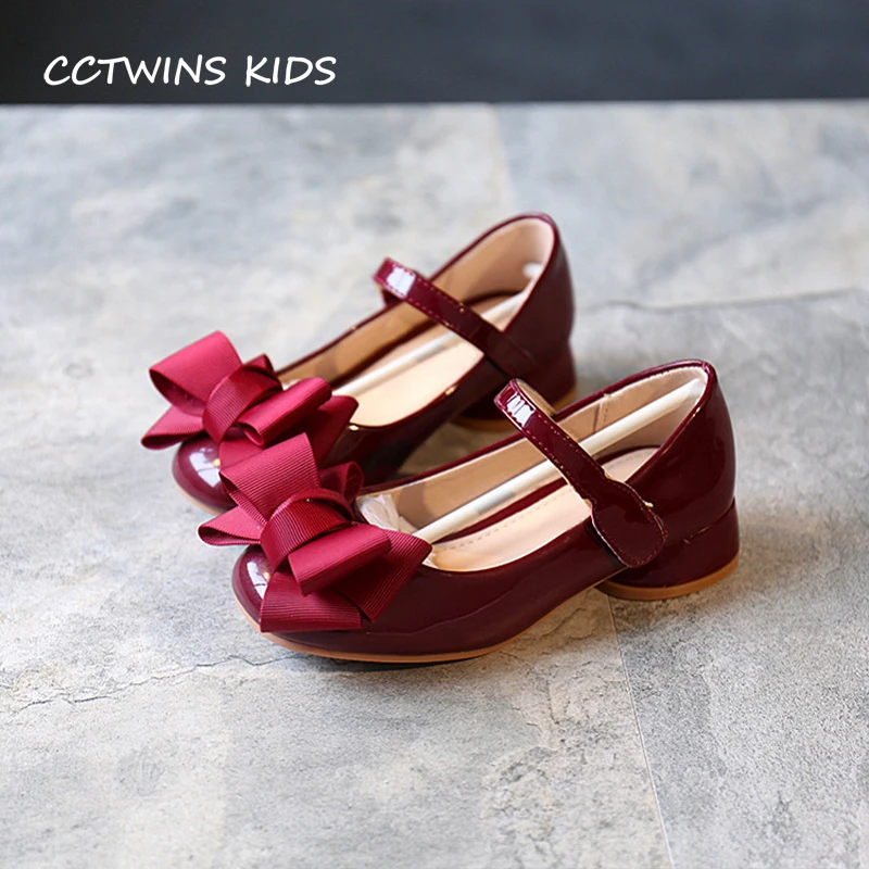 CCTWINS KIDS 2020 Baby Girl Party Princess Toddler Bow Pink Pu Leather Shoe Children Mid Heel Kid Fashion Black Shoe G1126