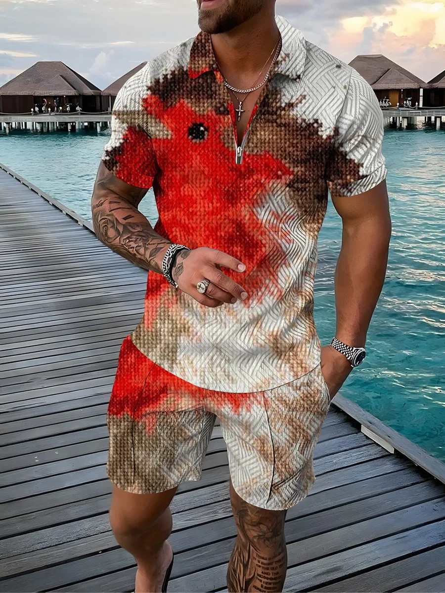 Men 3D Print New Bird Feather Pattern Pop Fashion Oversized Cool Street Beach Clothing Breathable Luxury Brand Two-Piece POLO