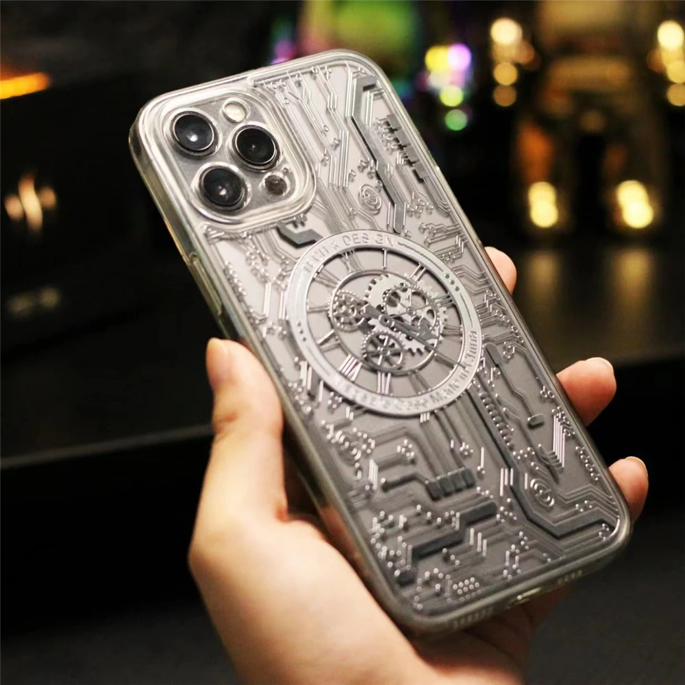 Luxury Plating Gold Clear Magnetic For Magsafe Wireless Charger Case For iPhone 14 13 12 Pro Max Gilt Mechanical Watch Cover