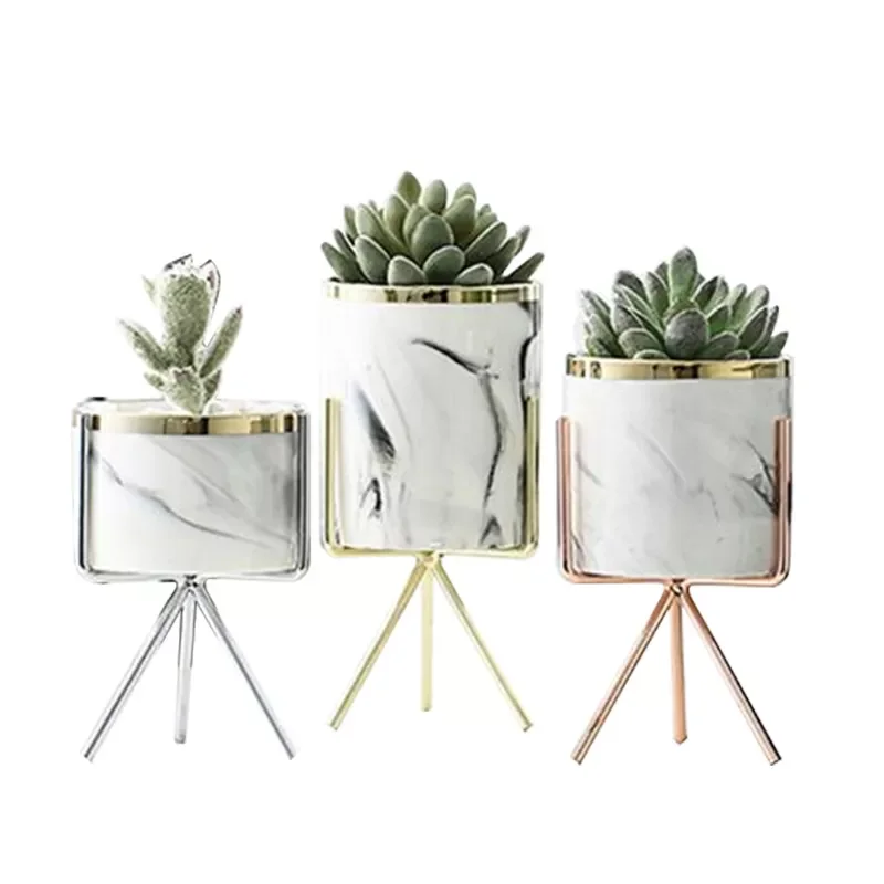 

NEW2023 Nordic Ceramic Iron Art Vase Marble Pattern Rose Gold Silver Tabletop Green Plant Pot Home Office Vases Decorative