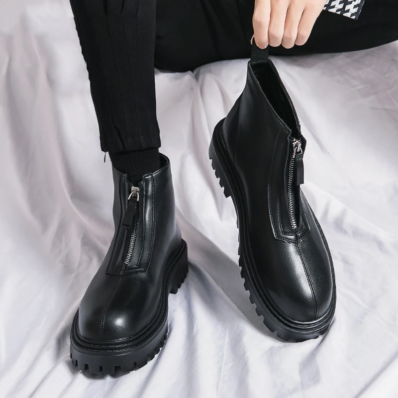 

Ботинки Челси мужские кожаные, повседневная обувь, мотоциклетные Ботильоны на молнии, без застежки, на платформе, модные ботинки средней длины, Осень-зима