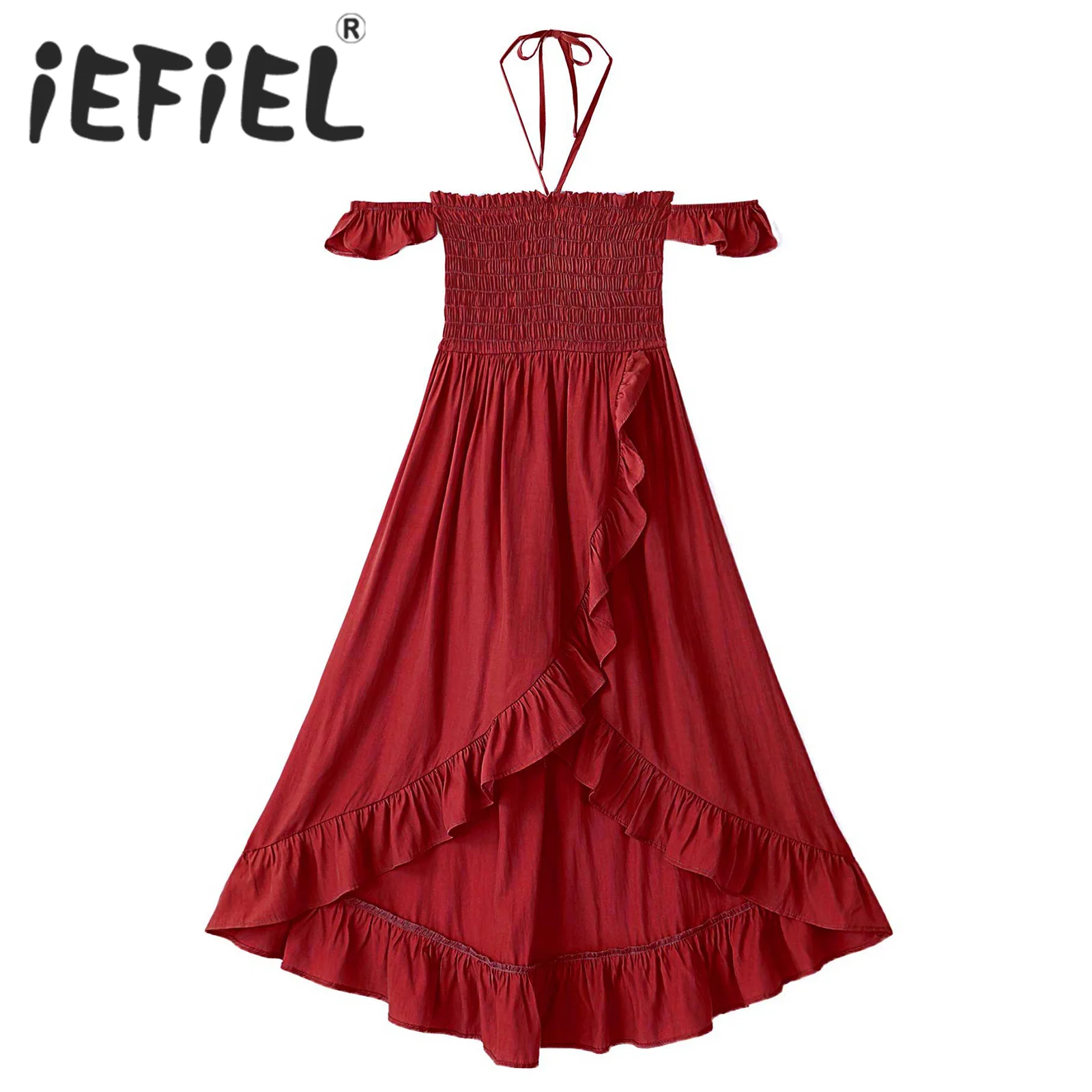 

Kids Girls Summer Elegant Dress Children Off-shoulder Lace-up Halter Neck Ruffle Irregular Hem Split Front Solid Color Dress