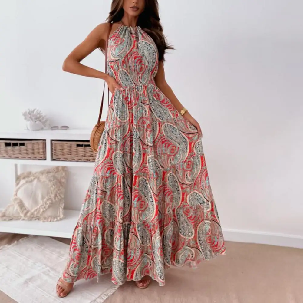 

Ethnic Print Wide Hem Dress Vintage Women Halter Backless Dress for Daily Wear