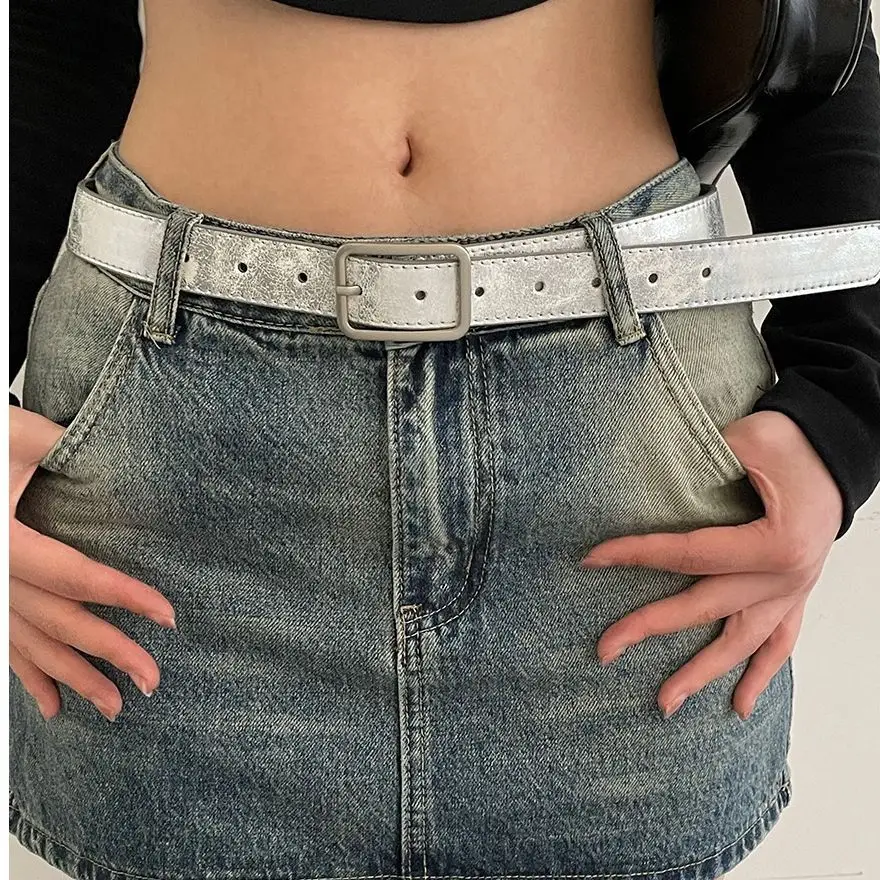 

Ремень с квадратной пряжкой Женский, натуральный кожаный пояс в стиле ретро, с серебристой пряжкой в западном стиле, Y2k