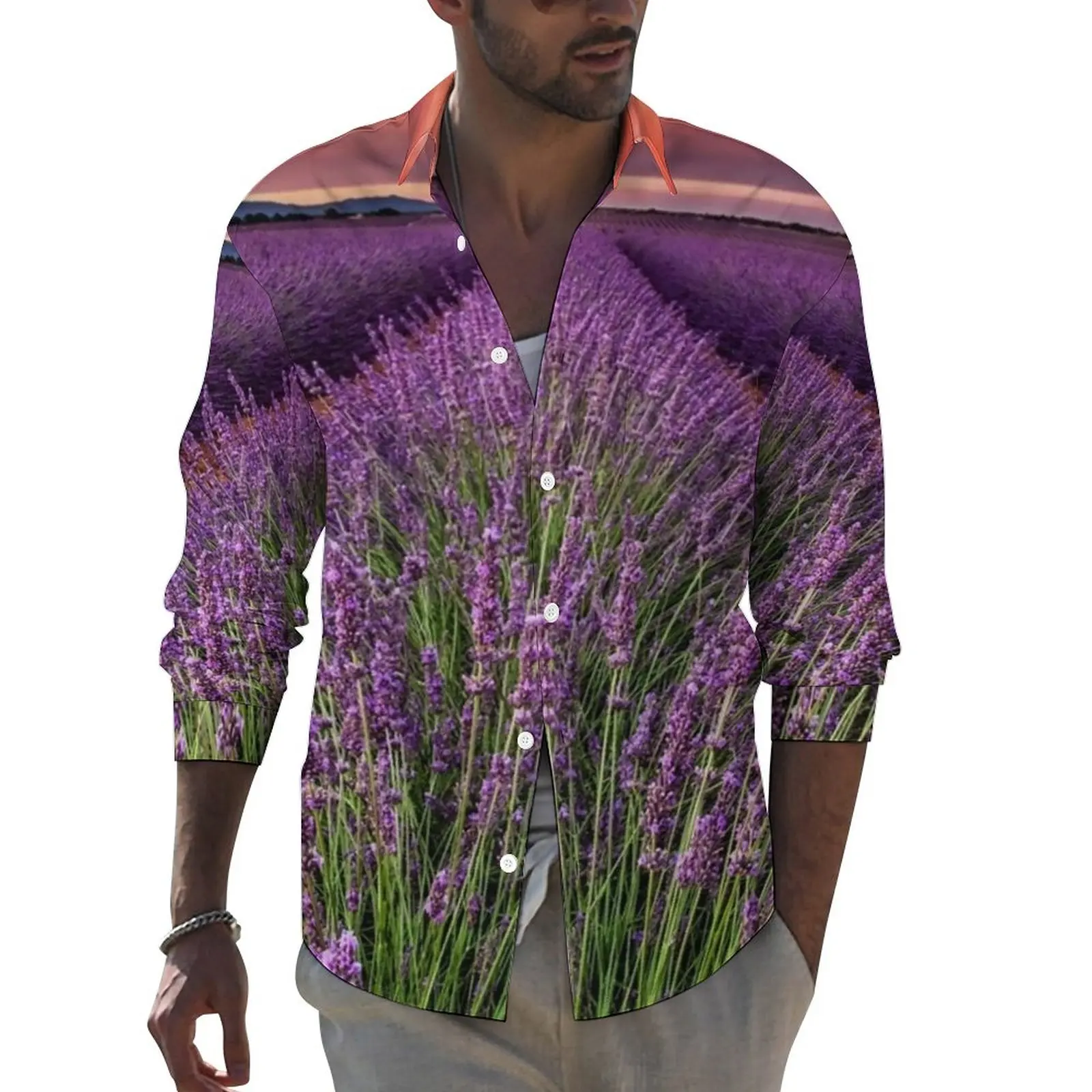 

Field of Lavender Harajuku Casual Shirt Men Sunset Print Shirt Autumn Trending Blouses Long Sleeve Graphic Oversize Clothes