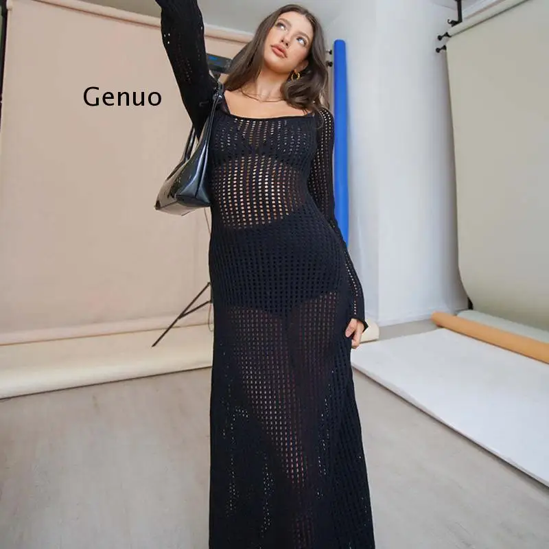 

Женское пляжное облегающее платье на бретелях, Длинные вечерние платья с открытой спиной и круглым вырезом, ажурная модная праздничная одежда, лето 2022