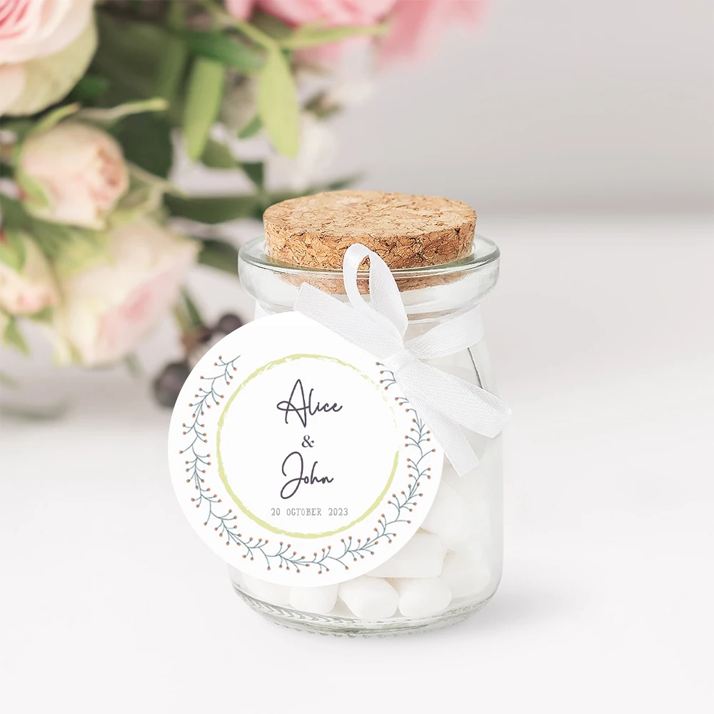 

Personalized Round Wedding Tags Simple Elegant Signs Bridal Shower Thank You Party Hole Logo