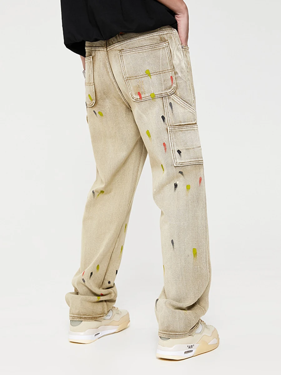 American High Street Ink Embroidery Y2k Straight Jeans Men's Trend Loose Design Small Wide Leg Trousers Streetwear Ins Hot Sale