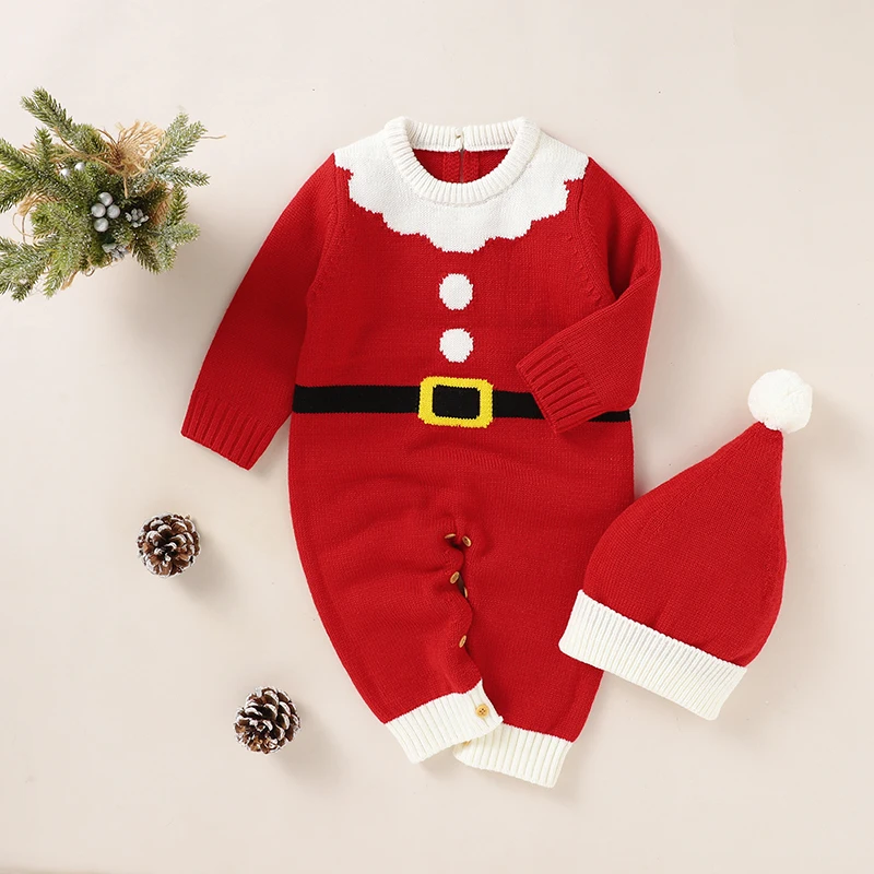 

Christmas Baby Romper Knit Newborn Girl Boy Jumpsuit Hat 2PC Long Sleeve Toddler Infant Clothes Cute Santa Claus Outfit Overall