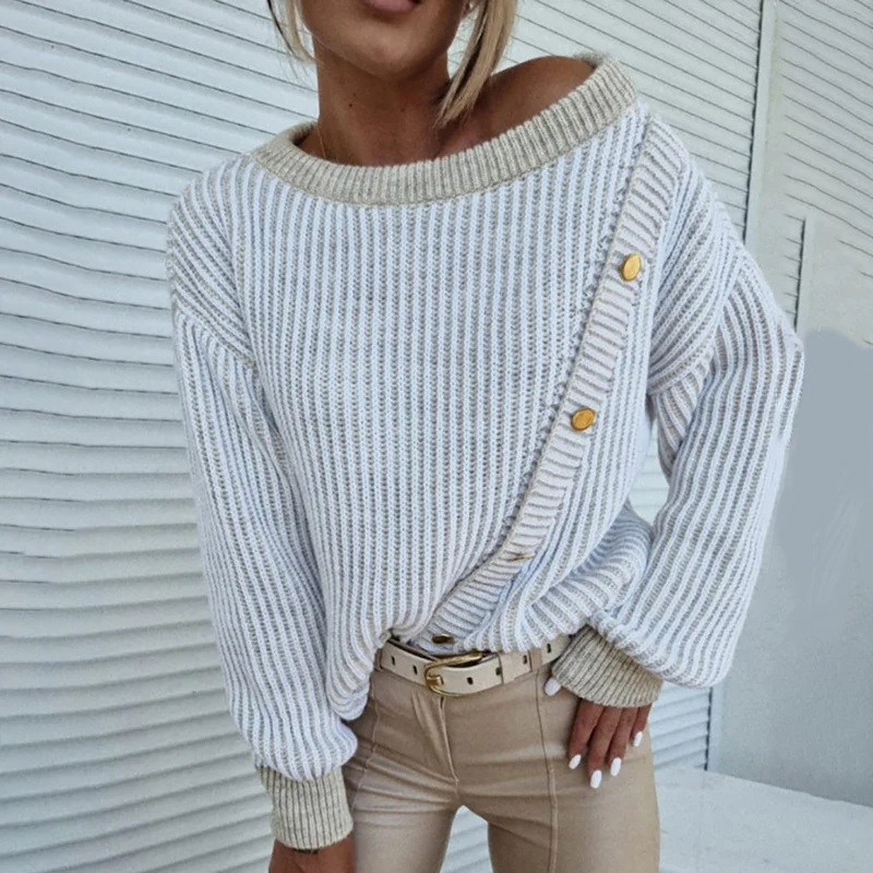 

Women Fashion Casual Long Sleeve Pullovers Top Autumn Fashion Female Buttoon Design Brief Cozy O-neck Knit Sweater