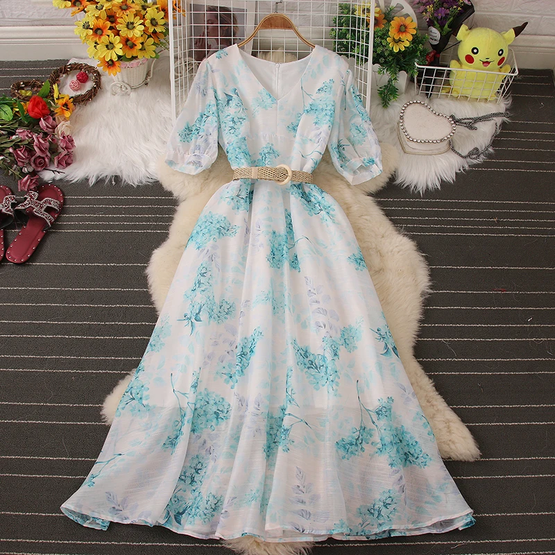 

J067 Цветочное платье для девочек, женское платье принцессы с V-образным вырезом и рукавами-пузырями, женские длинные платья, женская одежда, т...