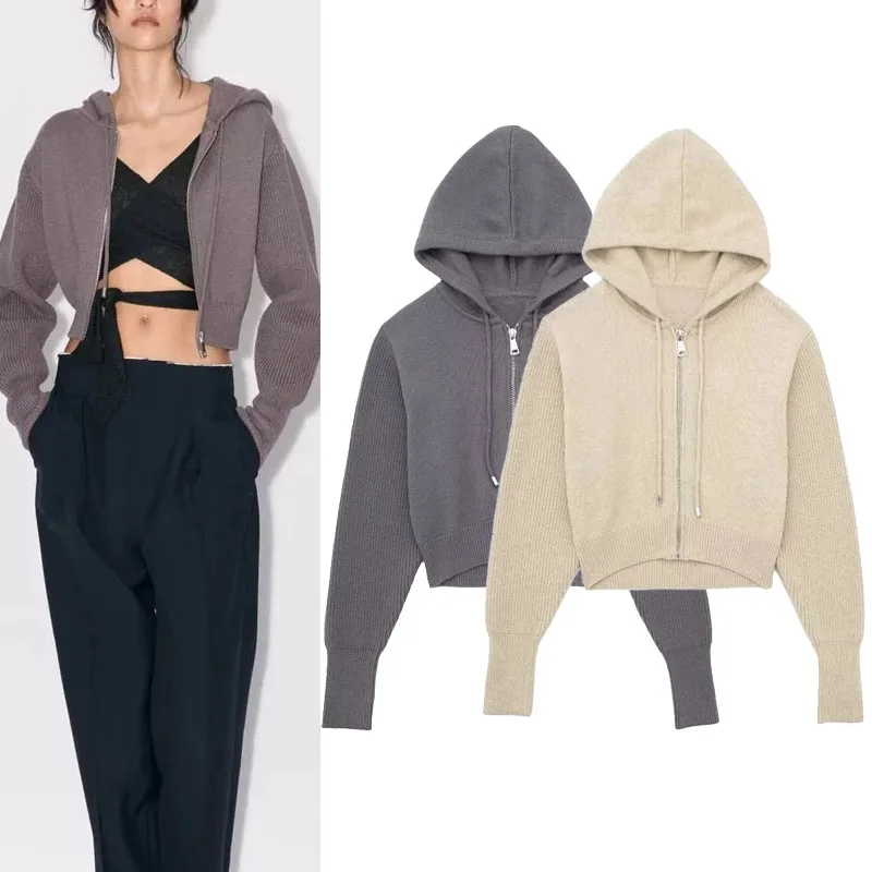 

TRAF Crop Knit Hood Cardigan Autumn Women 2023 Open Sweater Woman Fashion Long Sleeves Knitwears Female Front Zip-Up Outerwears