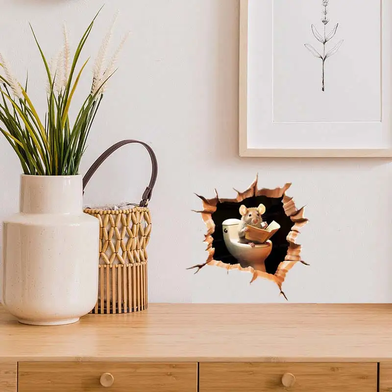 Забавная Наклейка на стену в ванную комнату мышь книга для чтения туалете