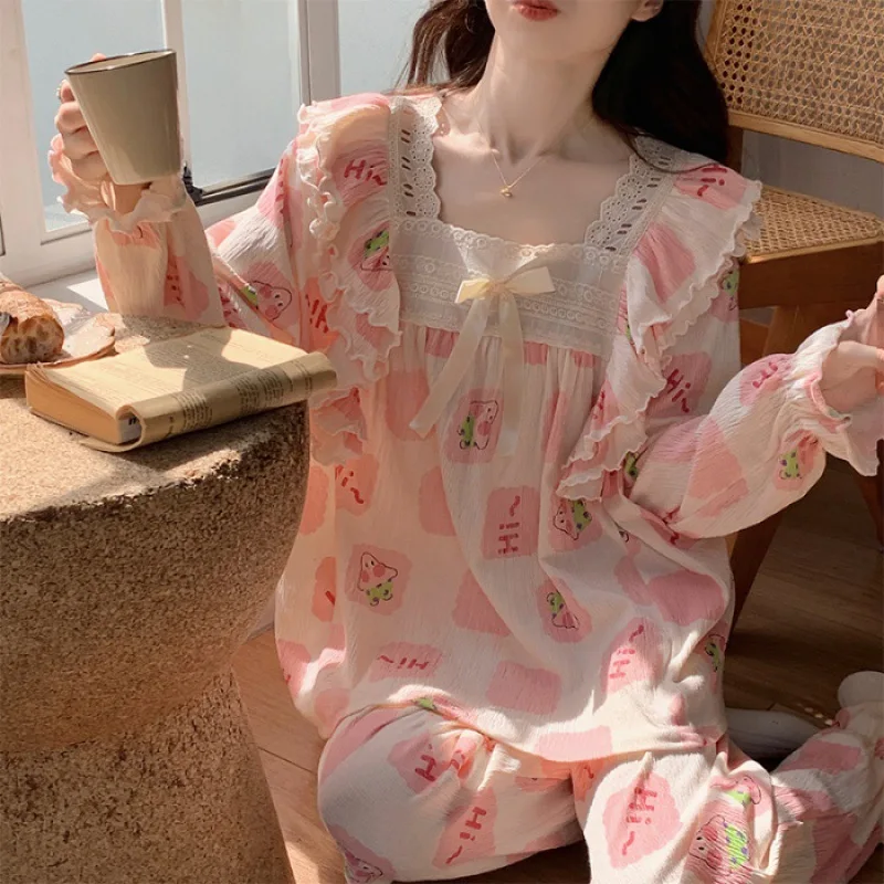 Кружевная пижама в стиле принцессы для девушек с длинным рукавом Женская милая