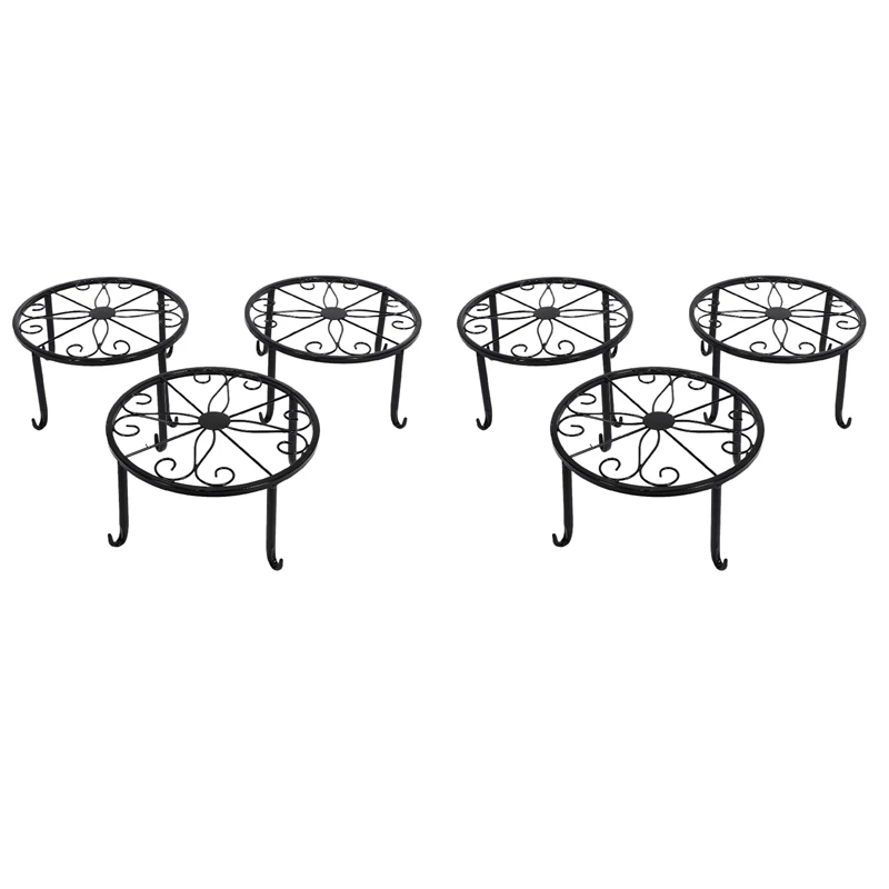 6 Pack Metal Potted Plant Stand Floor Flower Pot Rack Decorative Pot Garden Container Round Supports Rack (Black)