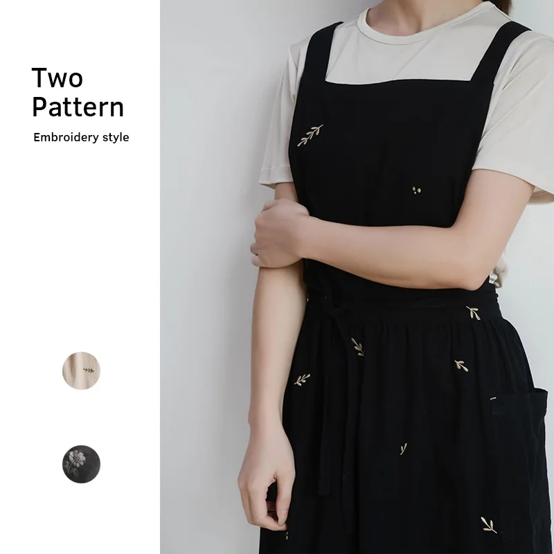 

Cotton Housework Korean Washed Chef For With Pinafore Apron Embroidery Women Baking Kitchen Waterproof Pockets Coffee Shop