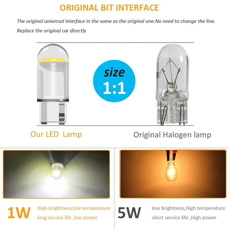 10 штук W5W светодиодные лампы T10 для автомобиля COB Glass Interior Parts Bulbs 6000K Белый автоматическая номерная пластина Лампа купола Читайте свет вкл.
