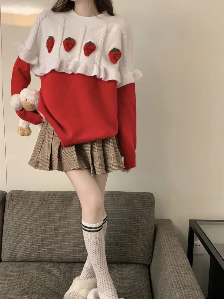 

KIMOKOKM Preppy Sweety Girl New Year Pullover Kawaii O-Neck Vintage Strawberry Ruffles Full Sleeve Loose Knitting Red Sweater