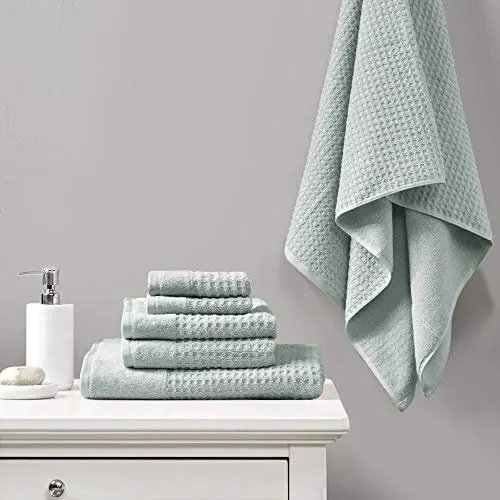 

Exquisite Waffle Jacquard 6 Piece Towels Set in Aqua Color – Soft, Durable & Absorbent – Set Includes 2 Bath Towels, 2 Hand