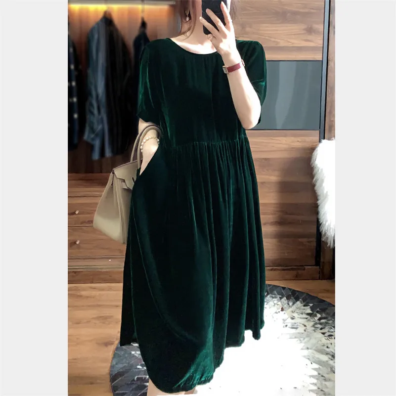 

Женское осеннее бархатное длинное платье, новое однотонное Свободное платье в Корейском стиле с бантом на спине, женские платья черного и зеленого цветов, 2023