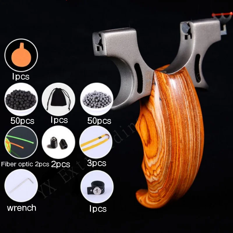

Wood-Handled Stainless Steel Catapult Outdoor Hunting Power Slingshot Titanium Sight Flat Rubber Band Slingshot