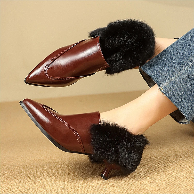 Женские ботильоны на высоком каблуке с мехом короткие плюшевые теплые туфли