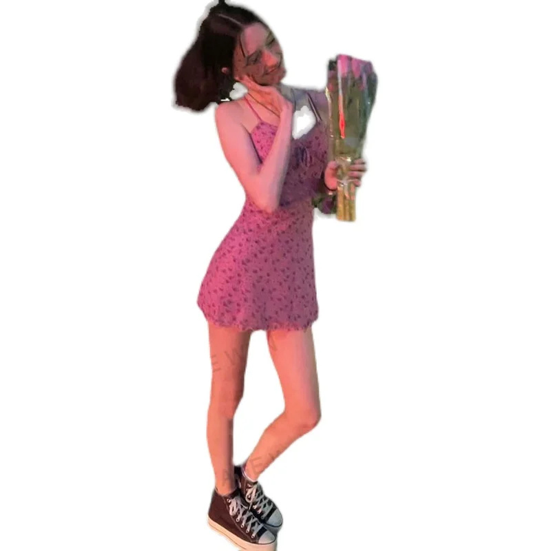 

American-Style Retro Purple Pink Floral Hot Girl High Waist Strap Dress Women's Summer Skirt