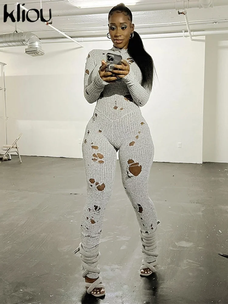 Kliou вязаные рваные комбинезоны женские осенние однотонные с длинным рукавом и