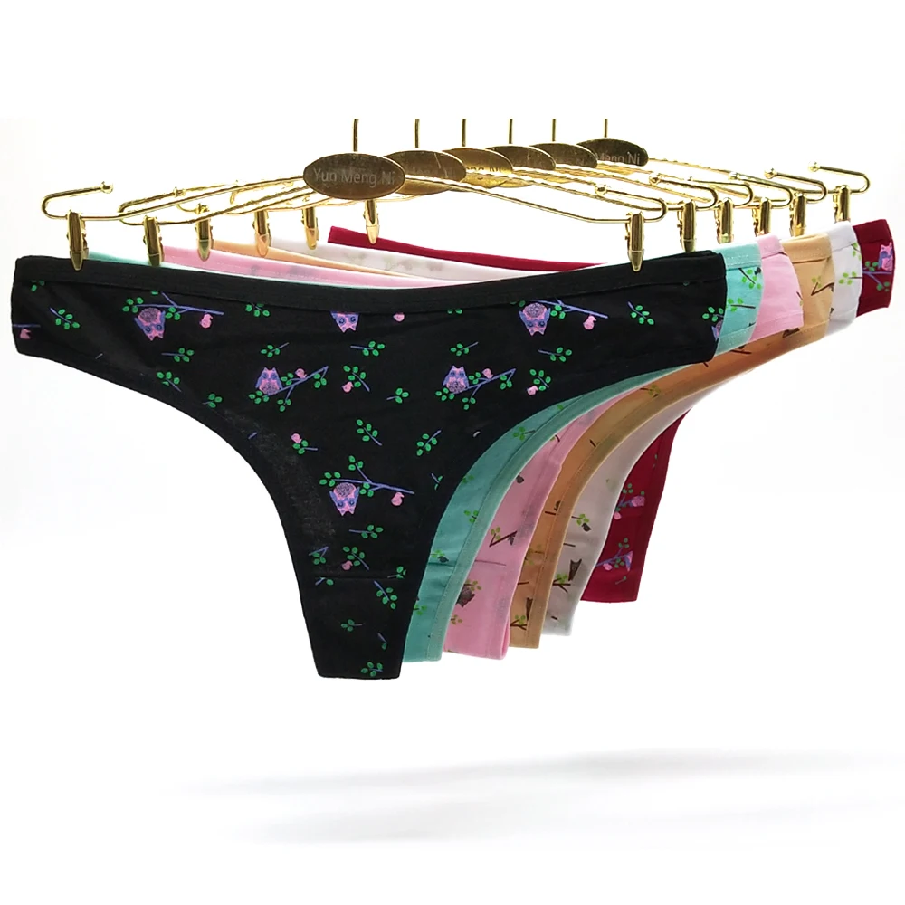 

6 Pcs/Lot Women's G String Sexy Lingerie Femme Black Pink Low Waist Printed Thong Panties Cotton Underwear Female Free Shipping