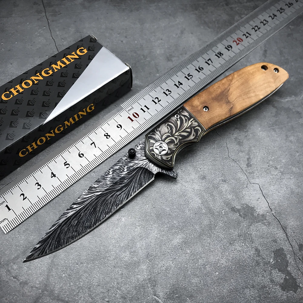 

Feather Laser Damascus Blade Folding Knife Military Hunting Pocket Knife 440C Wild Survival Camping Knives EDC Self Defense Tool