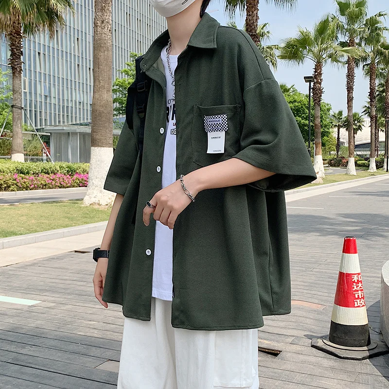 

2022 Waffle Casual Short Sleeve Shirt Men's ins summer thin style versatile student loose five Sleeve Shirt thin coat Factory
