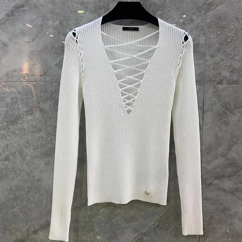 

22 Spring Designer Knitted Elasticity Deep V Neck Tops Sexy Strapons Skinny Black White Pullovers Golden Button Long Sleeve Tops