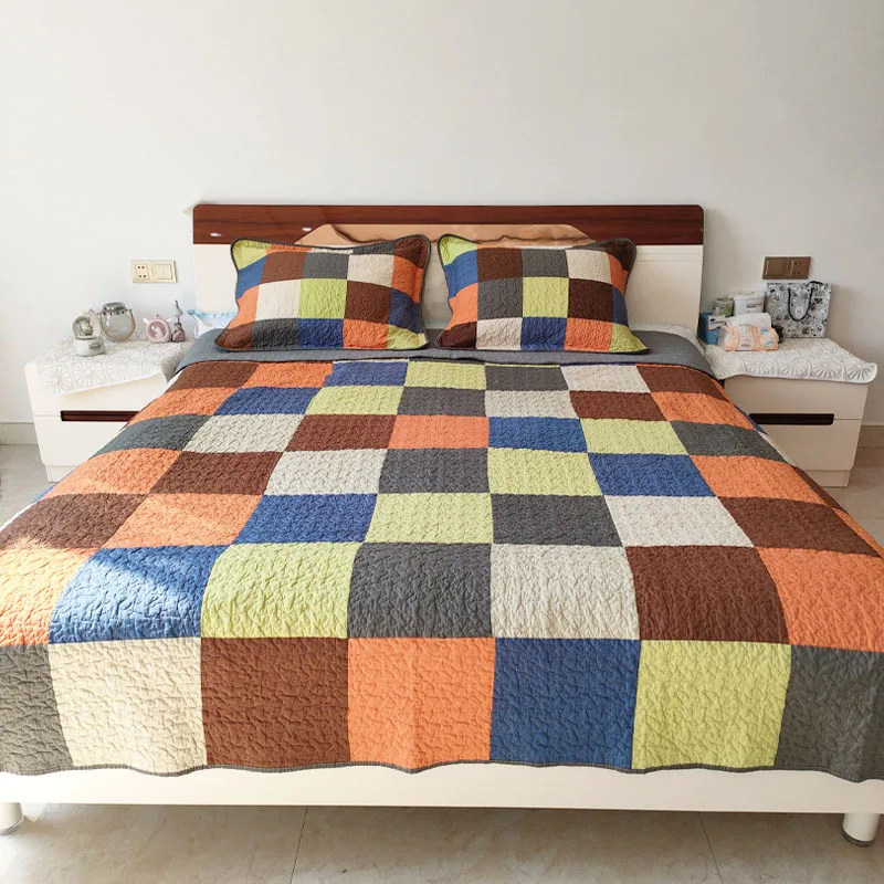 Клетчатое хлопковое одеяло комплект из 3 предметов покрывало на кровать двойное