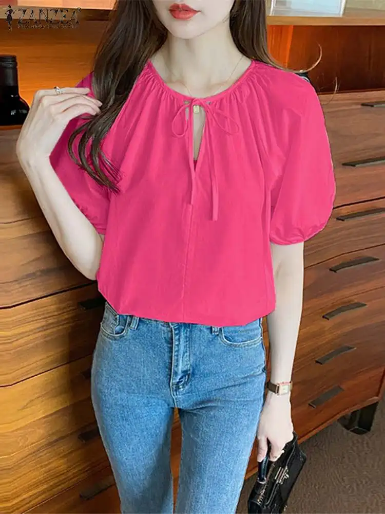

ZANZEA Summer Fashion Office Tunic Tops Woman Puff Sleeve O Neck Blouse Female Casual Lace Up Chemise Elegant Holiday Blusas
