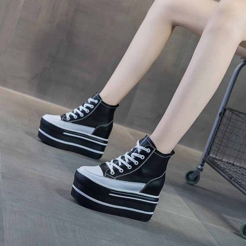 

Women's High Top Sneakers Casual Leather Lace up White/Black Sneakers For Woman Spring Autumn Shoes High Heels Sneaker D3-38