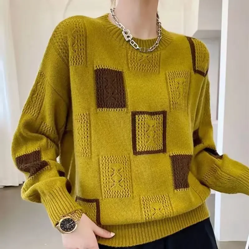 

Color Blocking Plaid Knit Top for Women's Retro Round Neck Pullover Long Sleeved Sweater, New Autumn and Winter Styles