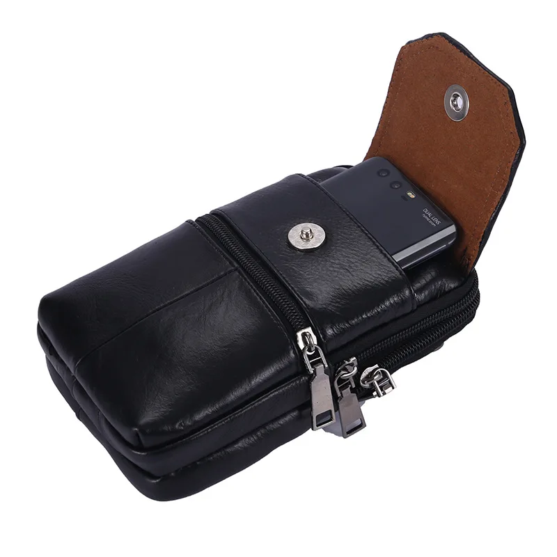 Men's Messenger Bag Cowhide Leather Bag Mobile Phone Pouch Pocket Wallet Male Small Travel Waist Bag Multi-Pockets Chest Bag