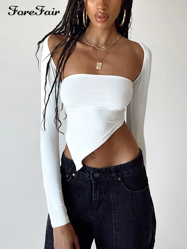 

Forefair Весенние футболки с длинным рукавом Женские обтягивающие черные белые модные уличные футболки Y2K сексуальные короткие топы Летняя оде...
