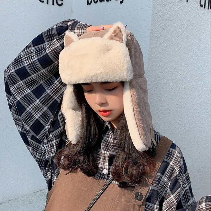 

New Winter Women's Hat Thicken Warm Ear Bomber Cap Fashion Balaclava with Ears Beanie Caps Russian Windproof Hats