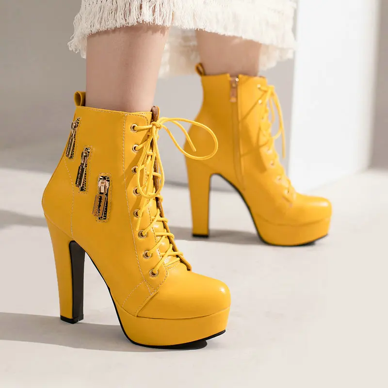

2022 Fleece Winter Yellow Red Round Toe Platform Shoes Lace-up Cross-tied Comfy Spike High Heels Sexy Mature Women Ankle Boots