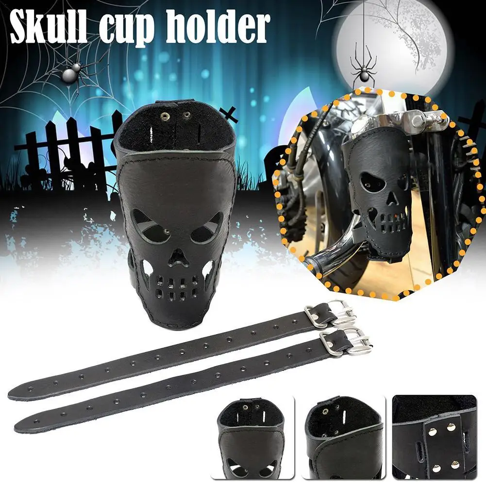 

Motorcycle Biker Drink Holder Leather Coffee Water Bottle Cup Holder with Skull Gift Auto Car-styling Bicycles Universal