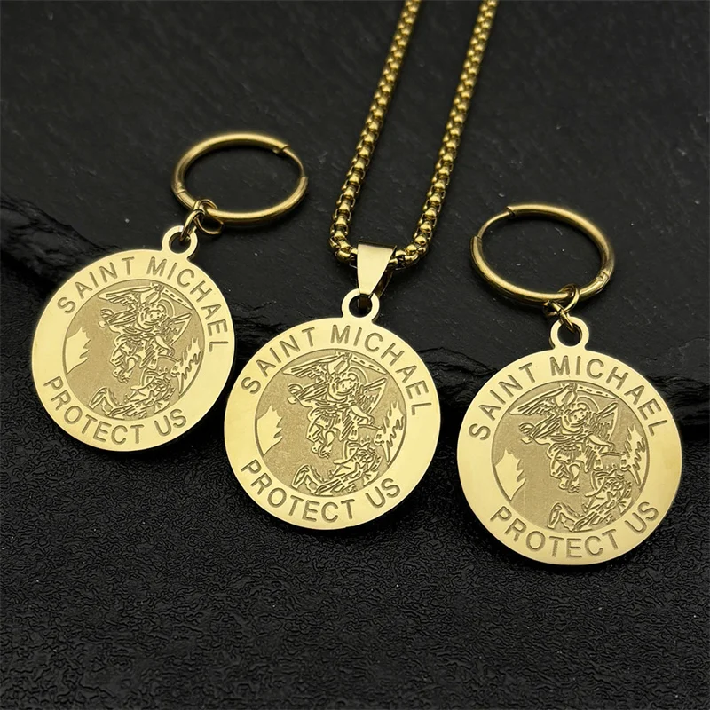 ЗАЩИТА МАЙКЛ США Архангел Медаль из нержавеющей стали Ожерелье Серьги Женщины