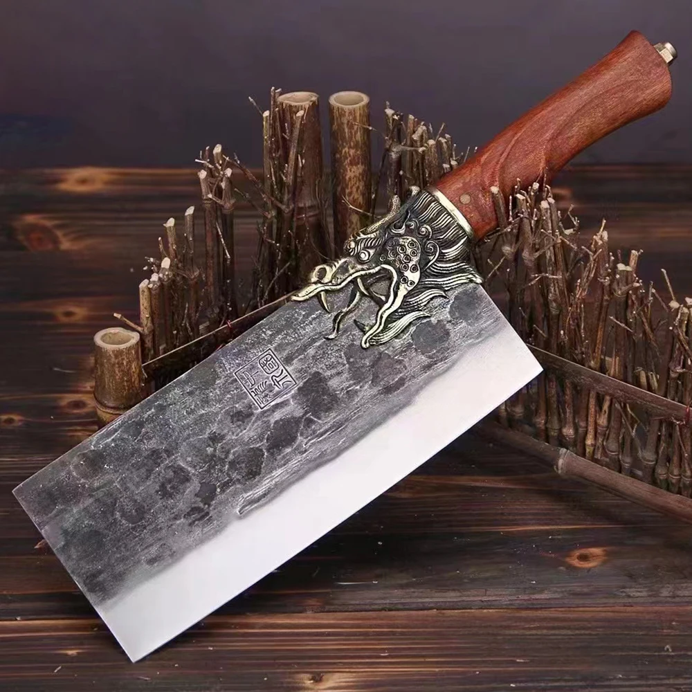 

Longquan Kitchen Knife Handmade Forged Copper Dragon Decor 8.5 Inch Slicing Cleaver Chef Knife For Cutting Vegetables Poultry