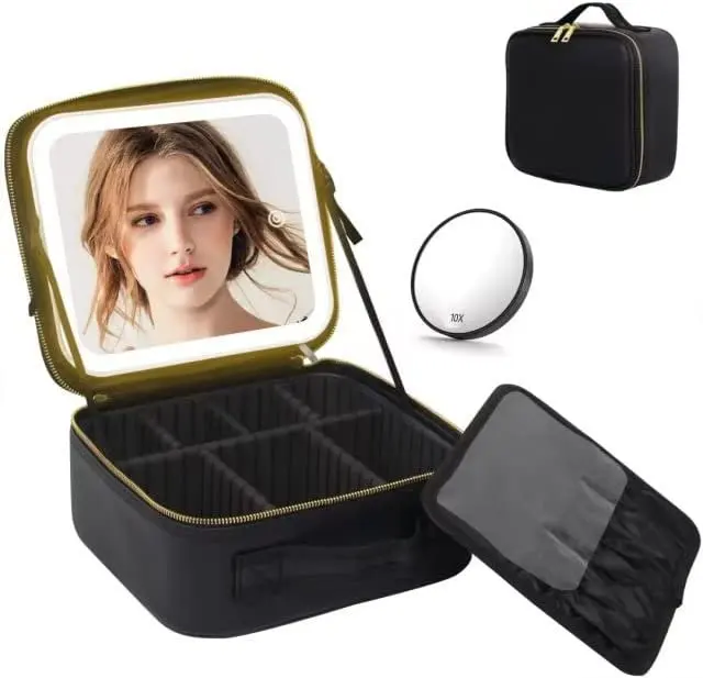 

Makeup Bag with Mirror of LED Lighted, Travel Makeup Train Case Cosmetic Bag Organizer with Adjustable Dividers, Makeup Case wit